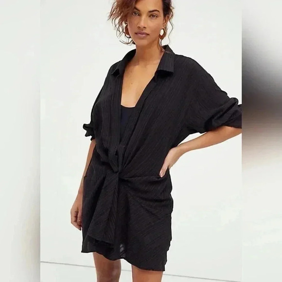 Free People Tara Twist Mini Shirt Dress Black Size S New With Tags $128 - Picture 3 of 5